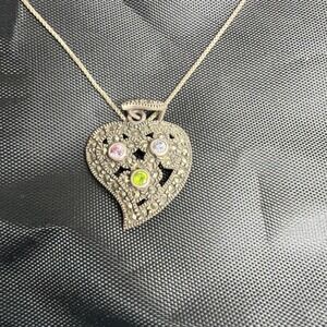 Vintage Sterling Silver Multi Gemstone Marcasite Heart Necklace